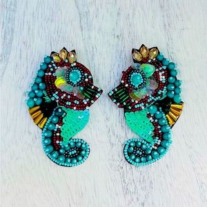 Beaded Turquoise Seahorse Statement Earrings